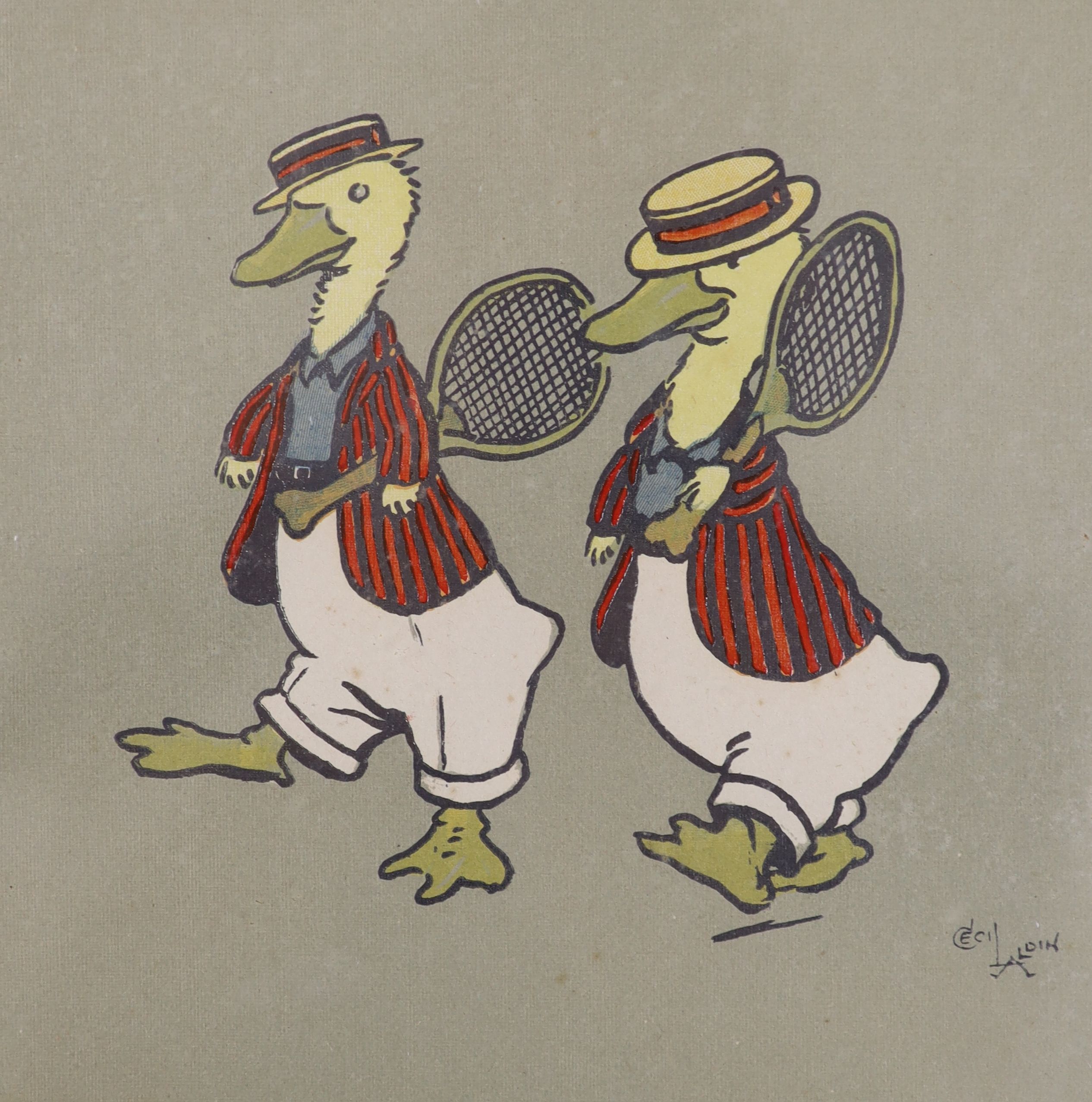 Cecil Aldin, chromolithograph, Ducks playing tennis, 17 x 16cm